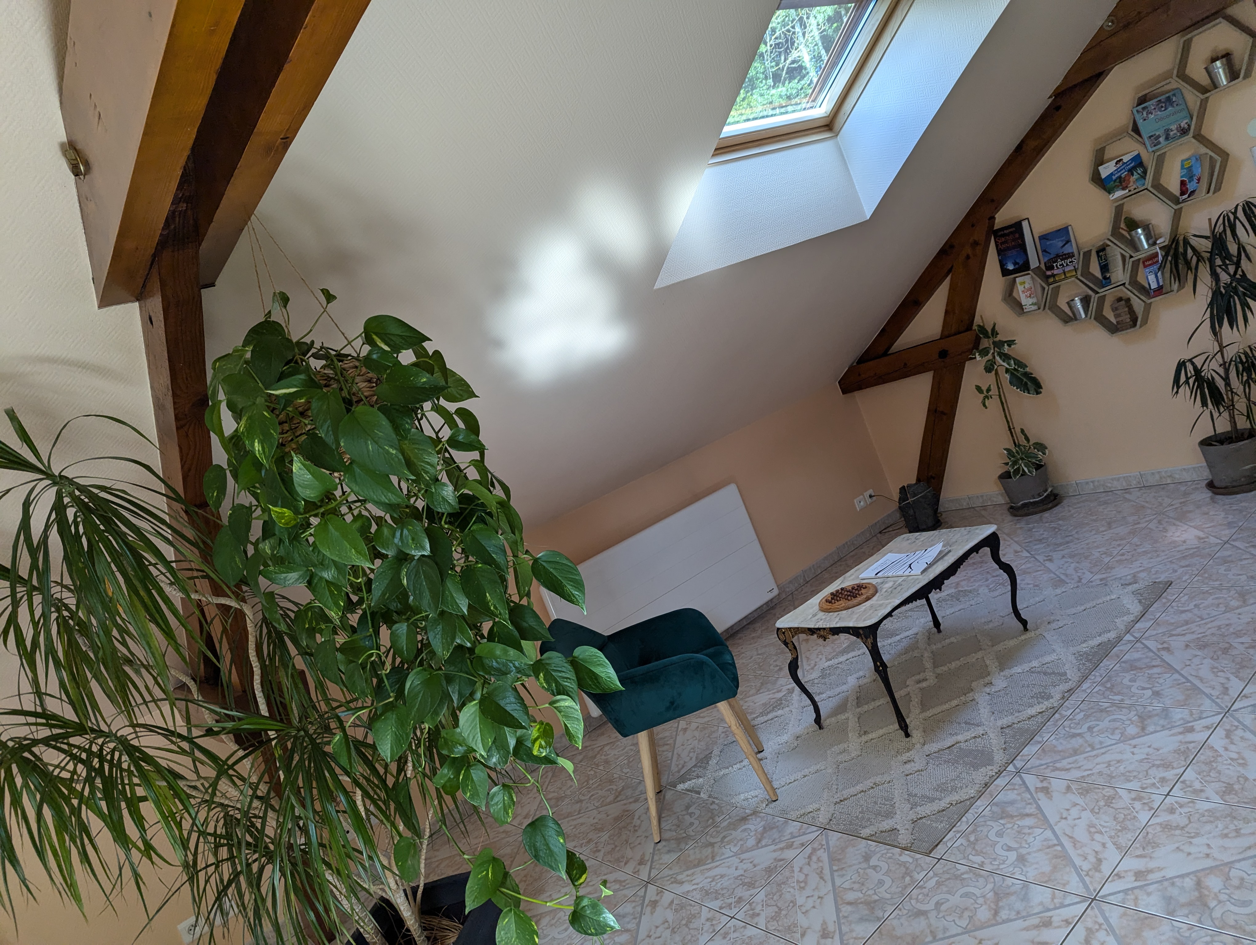 Salon mansardé avec poutres bois, fauteuil velours vert, table basse, étagères hexagonales et velux.